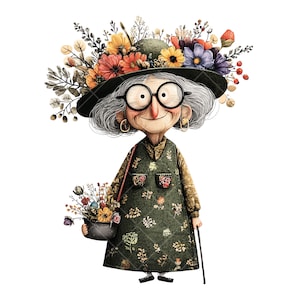 Funny Floral Granny Clipart: Whimsical Old Lady Illustrations (14 JPGs)