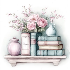 12 imágenes prediseñadas en formato JPG: libros antiguos y decoración floral / Estantería de acuarela con flores, frascos y libros / Ilustraciones estéticas románticas