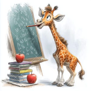 Könnte beinhalten: Eine skurrile Illustration einer Giraffe in einem Klassenzimmer. Die Giraffe, mit einem Bleistift im Mund, steht vor einer Tafel mit Buchstaben. Ein Stapel Bücher und zwei rote Äpfel vervollständigen die Szene, die Lernen und Bildung darstellt.