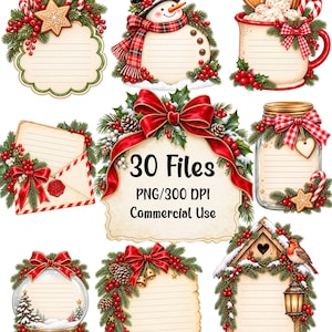 May include: A collection of nine Christmas-themed digital stationery frames featuring illustrations of a snowman, a mug with whipped cream, a mason jar, an envelope, a snow globe, and a birdhouse, all decorated with pine branches, red berries, and bows.