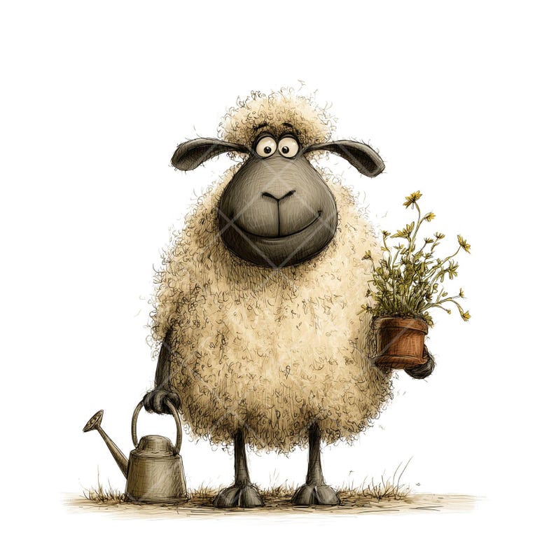 May include: A cartoon sheep with a beige woolly coat, dark grey face, and a watering can and a plant pot with yellow flowers. The sheep is smiling. The background is white.
