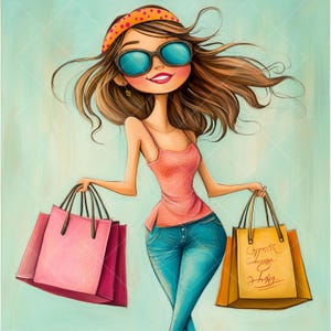 Quirky Woman Shopping Clipart Set – 10 lustige & stilvolle Cartoon Illustrationen, Mode Shopper, Digital Download, Scrapbooking, JPG
