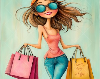 Stylish Woman Shopping Clipart: Playful Fashion Illustrations (Digital Download)