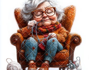 14 Knitting Grandma Clipart JPG | Cute Knitting Illustration Set | Digital Download