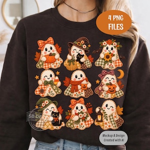 May include: A dark brown long-sleeve sweatshirt featuring a graphic print of nine distinct ghosts decorated with autumn-themed patterns, pumpkins, black cats, flowers, and seasonal accessories. The print includes an orange oval text reading 4 PNG FILES.
