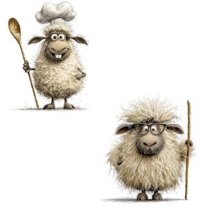 May include: Two cartoon sheep on a white background. One sheep wears a chef's hat and holds a wooden spoon. The other sheep wears glasses and holds a wooden stick. Both sheep have fluffy, light-coloured wool.