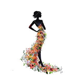 花柄の女性のシルエットクリップアートバンドル、昇華転写、ボヘミアンアート、招待状、装飾用の12枚のPNG透明フェミニンな花柄ドレスイラスト