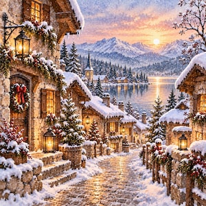 Peut inclure: Une peinture de paysage hivernal montrant des chalets en pierre enneigés, décorés de couronnes et de lanternes. Un chemin pavé mène vers un lac gelé et des montagnes enneigées sous un ciel de coucher de soleil avec des sapins et une église.