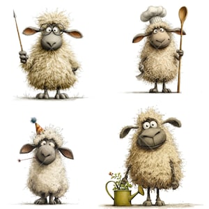 May include: Four cartoon illustrations of sheep. One sheep wears glasses and holds a pointer. Another is a chef with a spoon. A third sheep wears a party hat. The last sheep holds a watering can with flowers.