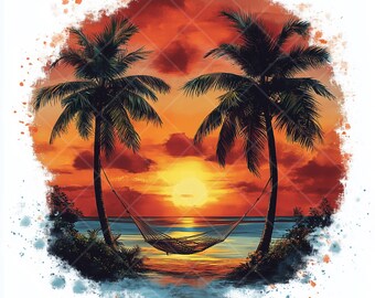 Tropische zonsondergang palmboom aquarel Art Print (digitale JPG download)