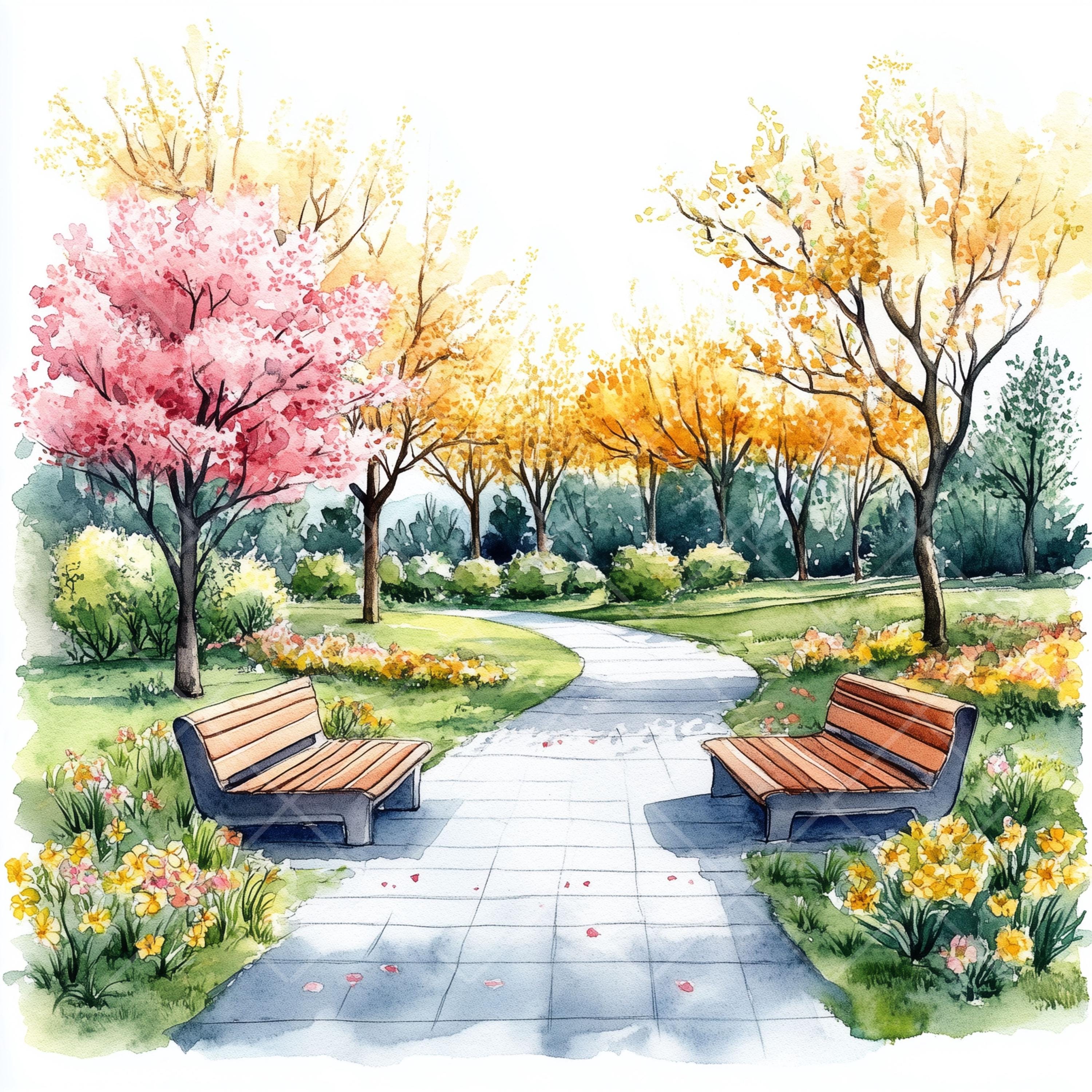 春の風景水彩クリップアート：風光明媚な自然のイラスト（デジタル