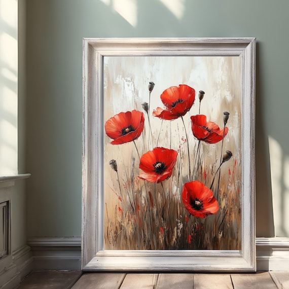 素朴なポピーの油絵：花の壁アート（デジタルダウンロード） - Etsy 日本