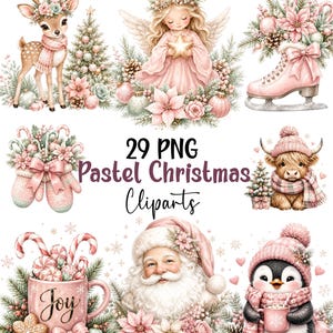 Pode incluir: Uma coleção de 29 cliparts de Natal em tons pastel em formato PNG, apresentando ilustrações de um cervo, um anjo, um patim, luvas, uma vaca highland, uma caneca com o texto Joy, Pai Natal e um pinguim, decorados com tons de rosa e verde.