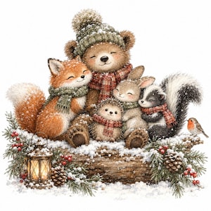 May include: A digital illustration of a brown bear, a fox, a rabbit, a hedgehog, and a skunk wearing knit scarves and hats, sitting on a snow-covered log with a lit lantern, pine branches, pinecones, red berries, and a small robin bird.