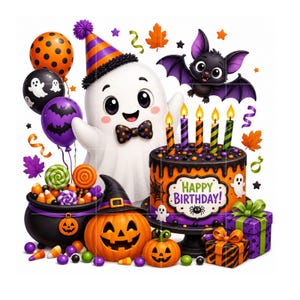 May include: A festive Halloween birthday illustration featuring a white ghost wearing a party hat and bow tie, a cake with the text HAPPY BIRTHDAY, a black cauldron filled with candy, two jack-o'-lanterns, a purple bat, and wrapped gift boxes.