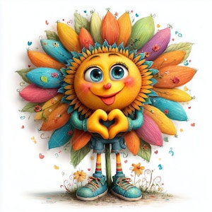 May include: A cheerful cartoon sunflower character with a smiling face, blue eyes, and a heart-shaped hand gesture. The sunflower has colorful petals in shades of yellow, orange, blue, and pink. It wears blue shorts, striped socks, and turquoise sneakers.