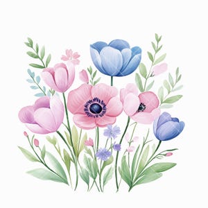 12 cliparts aquarelanemoon en tulp – minimalistische pastelbloem, png – eenvoudige bloemenillustraties voor prints, knutselen en digitaal gebruik