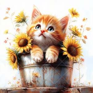 Joli chat dans un seau rustique avec des fleurs épanouies - 14 images clipart JPG de haute qualité pour le scrapbooking, la création de cartes et le bricolage, design printanier