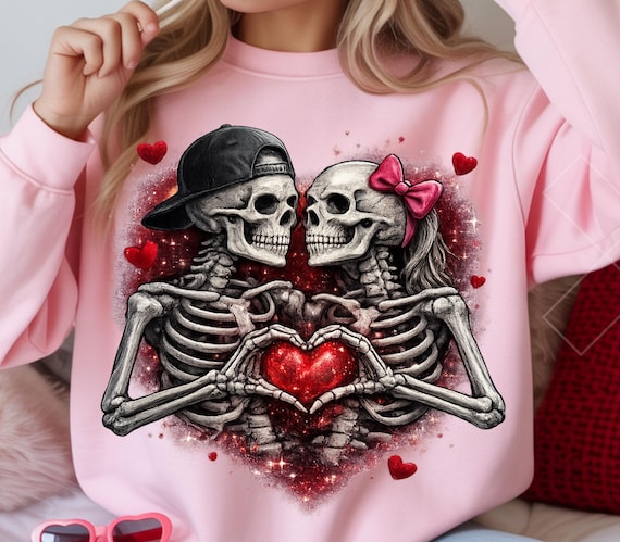 Gothic Skeleton Couple PNG, Valentine Skeleton Love, Skull Heart Hands, Dark Romance Sublimation Design, Transparent PNG