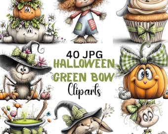 Halloween Green Bow Clipart JPG Bundle, Whimsical Ghost Pumpkin Witch Cat Owl Graphics, Fall Digital Download