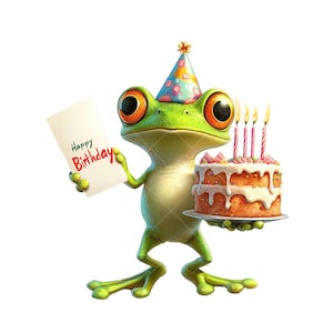 May include: A cartoon frog wearing a party hat and holding a birthday cake with lit candles. The frog is green with large orange eyes and is holding a card that says "Happy Birthday". The cake is decorated with white frosting and pink decorations.