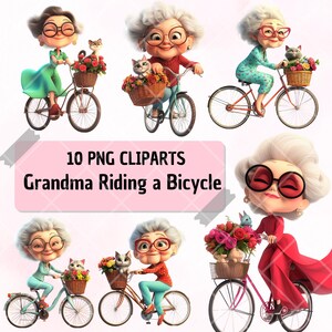 10 PNG Clipart – fröhliche Oma auf einem Fahrrad mit Katze und Blumen – lustige & skurrile Illustration für kreative Projekte, glücklicher Senior