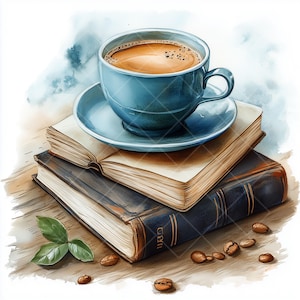 Café y libros de acuarela vintage 12 imágenes prediseñadas en formato JPG: estética acogedora para amantes de los libros, sensación nostálgica, libros antiguos, hora del café, cafetería de libros,