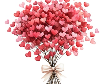 May include: A watercolor illustration of a bouquet of hearts in shades of red and pink. The hearts are arranged to resemble a floral bouquet, tied with a white bow. The stems are brown.