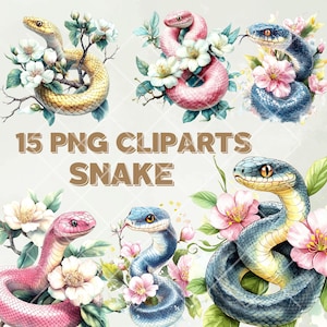 15 PNG Cliparts – Cobras em aquarela com elementos florais, ilustrações elegantes de vida selvagem para designs, répteis elegantes e impressões de arte da natureza