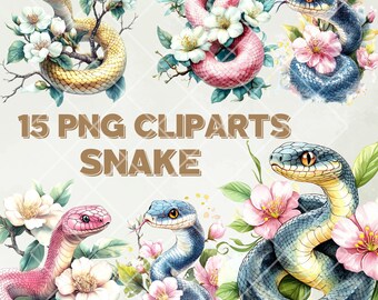 15 PNG Cliparts – Watercolor Snakes with Floral Elements, Elegant Wildlife Illustrations for Designs,Stylish reptile, and Nature Art Prints