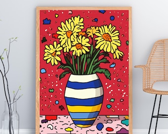 Vibrant Floral Abstract: Simple Striped Vase Art - Instant Download ,Colorful Wall Art, floral,colorful flower art,cheerful home art,