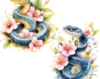 15 PNG クリップアート – 花の要素を持つ水彩画のヘビ、デザイン用の