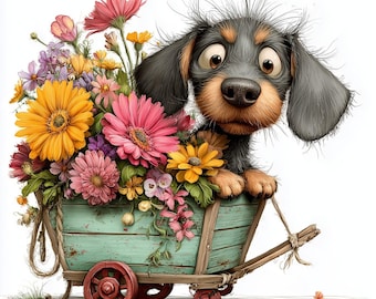 Playful Dachshund JPG Clipart Bundle, Floral Puppy Art, Dog Clipart Set, digital download