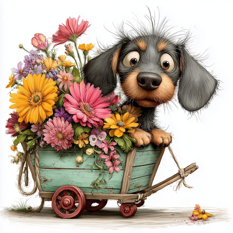 Playful Dachshund JPG Clipart Bundle, Floral Puppy Art, Dog Clipart Set, digital download