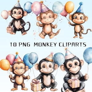 Akvarell apa födelsedagscliparts: Partyhattar och ballonger (digital nedladdning i PNG)
