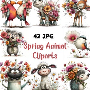 Może przedstawiać: Kolekcja grafik cyfrowych zatytułowana "Spring Animal Cliparts" przedstawiająca różne zwierzęta z kreskówek, w tym ptaki, żółwia, jelenia, koalę, ptaka, kota, owcę i jeża, wszystkie ozdobione kwiatami. Obraz zawiera tekst "42 JPG".