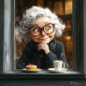 11 JPG Lustige Alte Frau Schaut aus Fenster– Charmante Cartoon Clipart für Drucke, Sublimation Design | Digital Download,Karikatur Frau