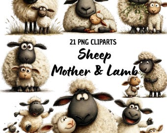 21 Sheep Mother & Lamb Clipart PNG Bundle | Cute Farm Animals | Nursery Art