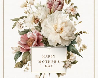 May include: A floral Mother's Day card featuring a bouquet of white and pink peonies, tulips, and other flowers. The card has a gold border and a rectangular label with the words "HAPPY MOTHER'S DAY".