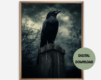Gothic Raven Art Print: Moody Crow on Post (Digital Download