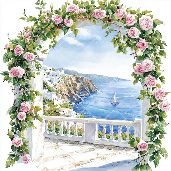 水彩画　春の花のアーチと海　値段は※900円です 花のアーチの水彩画：ヨーロッパのイラスト（JPGファイル16枚） - Etsy