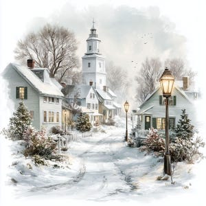 May include: A watercolor-style illustration of a snow-covered village street featuring white houses, bare trees, and a tall central clock tower. Two dark metal street lamps with glowing yellow lights illuminate the path, while snow blankets the ground.