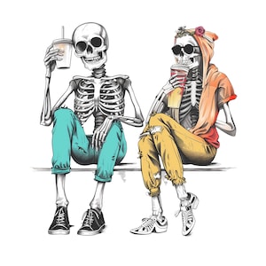 10 PNG PNG coole Skelett Paar Trinkt Kaffee - Hipster Toten Menschen Clipart - Skelette in Bunte Kleidung PNG Transparenten Hintergrund