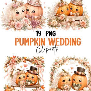 May include: A collection of 19 PNG pumpkin wedding clipart images featuring anthropomorphic pumpkins dressed as brides and grooms with top hats, veils, and floral arrangements, accompanied by the text 19 PNG PUMPKIN WEDDING Cliparts.