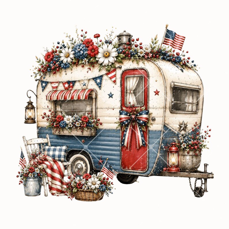 Pode incluir: Uma caravana vintage decorada com flores, bandeiras e bandeirolas vermelhas, brancas e azuis. A caravana tem uma porta vermelha, um toldo listrado e uma lanterna. Uma cadeira e um cobertor s&atilde;o colocados do lado de fora.