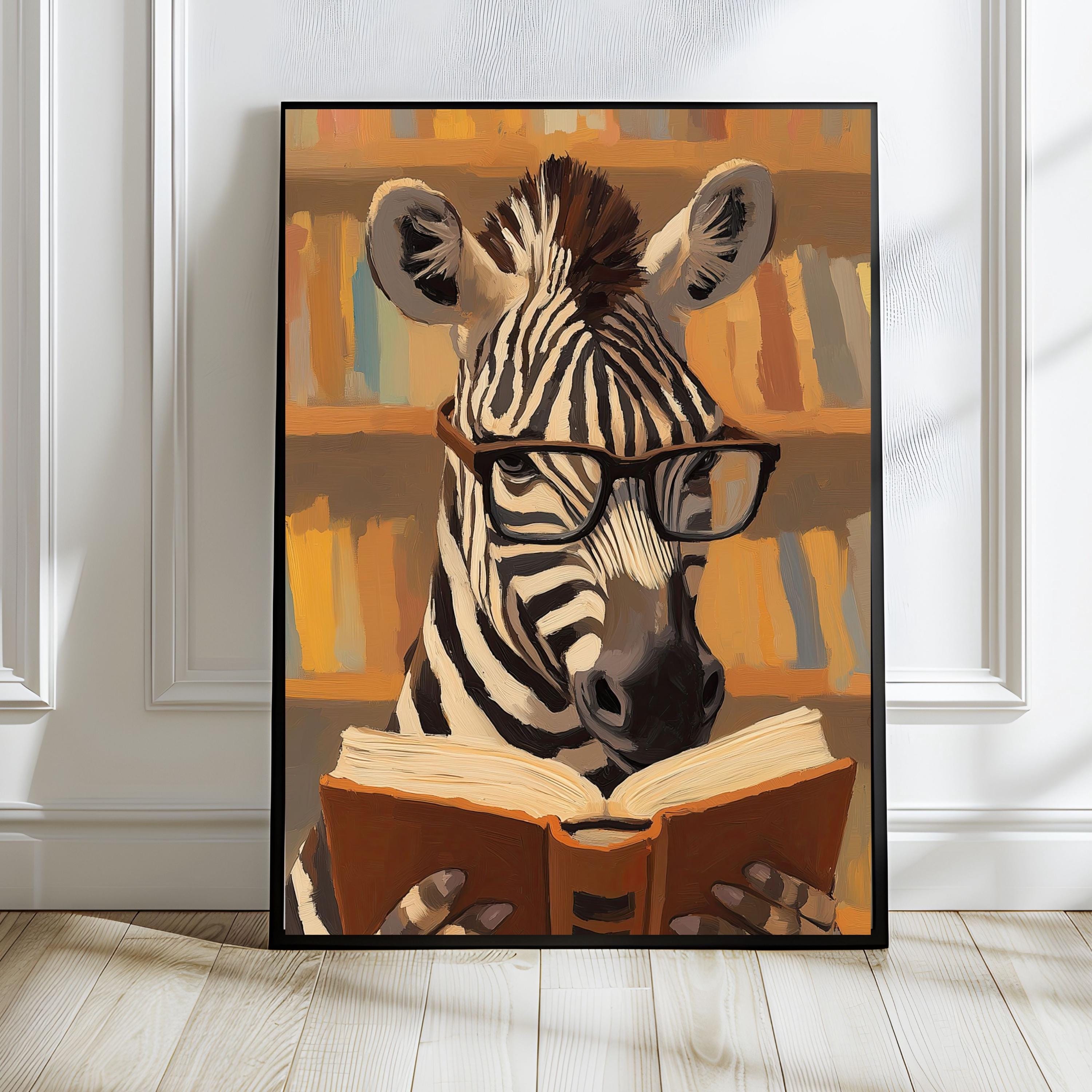 Reading Zebra Oil Painting Art Print: Funny Library Decor (digital