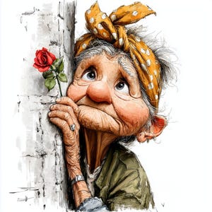 May include: A cartoon-style illustration of an elderly person with a sorrowful expression, holding a red rose. The person wears a yellow polka-dot headscarf and a green jacket. The background features a white brick wall.