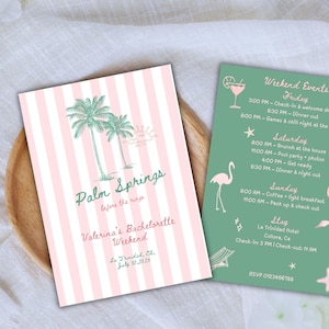 Peut inclure: Deux cartons d'invitation pour un week-end d'enterrement de vie de jeune fille. L'un est à rayures roses et blanches avec des palmiers et le texte "Palm Springs". L'autre est vert avec les détails de l'événement.