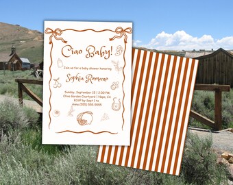 Invitación para baby shower "Ciao Bambino": temática italiana, plantilla editable de Canva (descarga digital)