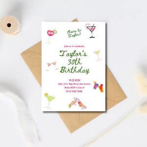 Faire-part d'anniversaire modifiable, faire-part cocktail griffonnage dessiné à la main, 30e, 40e, 50e, invitation anniversaire, modèle de toile imprimable hq